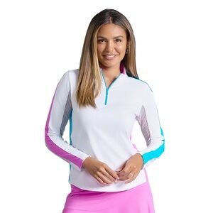 IBKUL Women’s Golf White Long Sleeve Mock Neck Top with Pink Blue Stripes XS